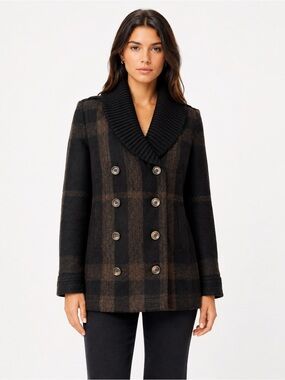 Burberry Black and Brown Plaid Wool Peacoat with Shawl Collar